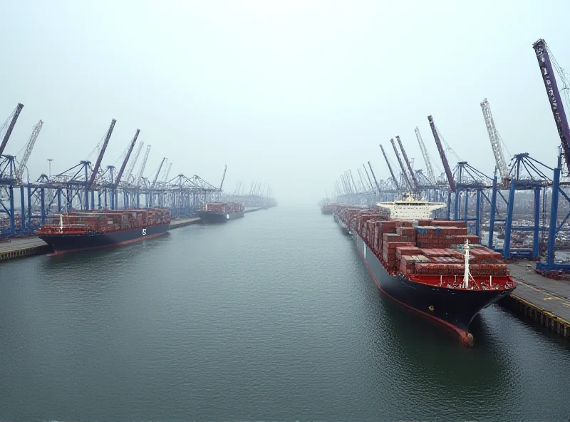 Container ships at a busy port, illustrating international trade and potential tariff impacts.