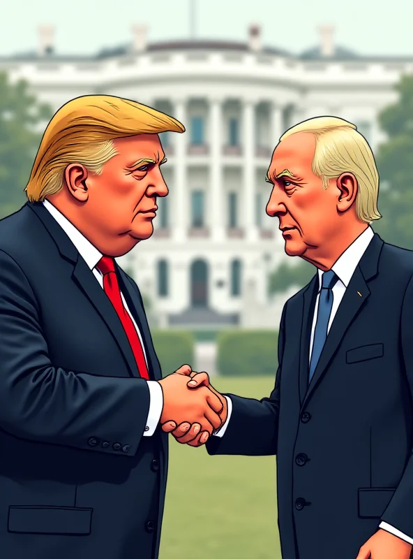 Cartoon depiction of Donald Trump and Volodymyr Zelensky shaking hands awkwardly.