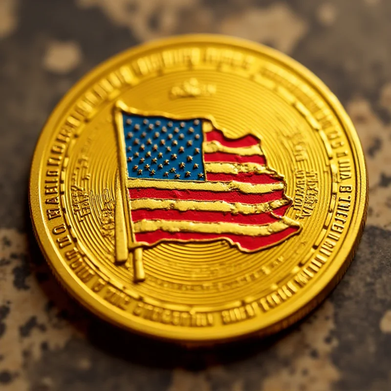 Digital illustration of a golden cryptocurrency coin with the American flag on it.