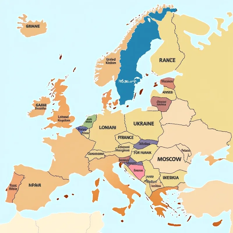 Map of Europe highlighting the locations of the UK, France, Ukraine, and Russia.