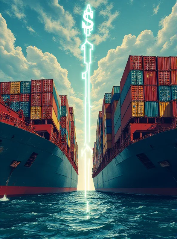 Illustration of cargo ships and shipping containers, overlaid with dollar signs and arrows pointing in different directions, representing a trade war.