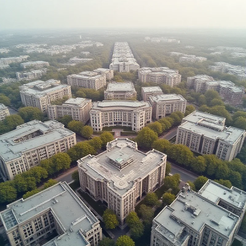 Aerial view of various federal buildings, with a gavel superimposed, representing the upcoming sale of federal properties.