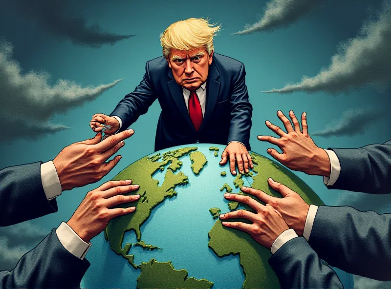 Illustration of Donald Trump standing on a globe, pushing away hands representing global allies.