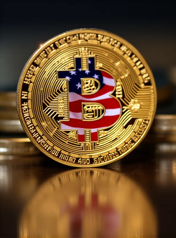 Close-up of a shiny Bitcoin coin with the American flag reflected in its surface.