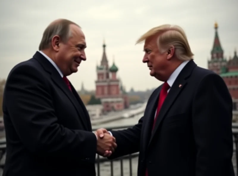 Image of Trump and Putin shaking hands with a backdrop of the Kremlin.