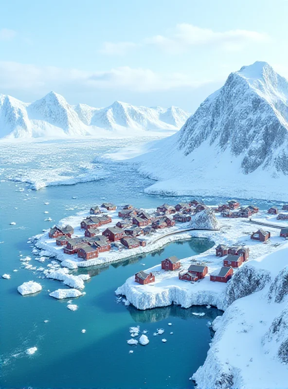 Aerial view of a Greenlandic town nestled among icebergs and mountains.