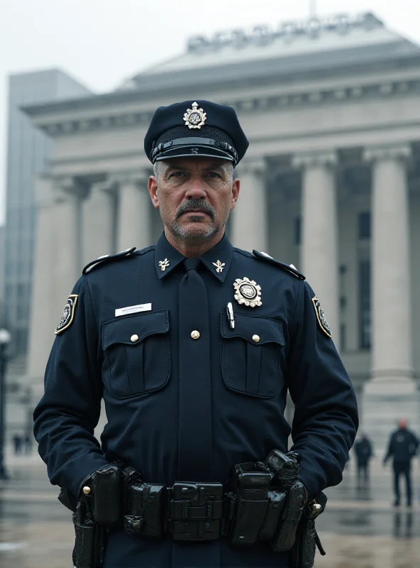 Image of a police officer standing guard in front of a government building, symbolizing increased security measures