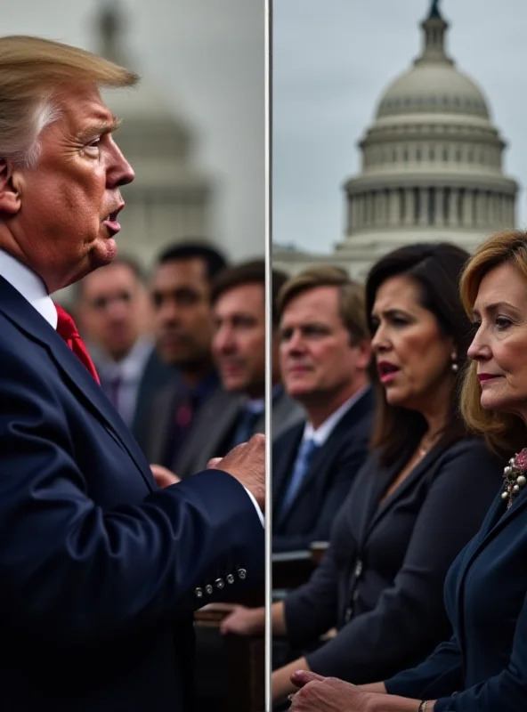 Split screen showing Donald Trump and a group of Democrats listening intently