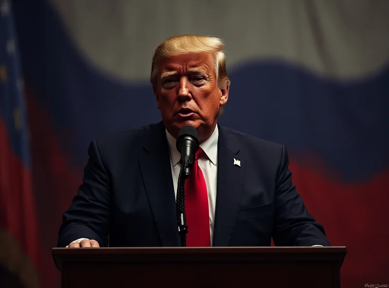 Illustration of Donald Trump speaking with a microphone, with a subtle Russian flag overlay in the background, symbolizing the echo of Russian propaganda.