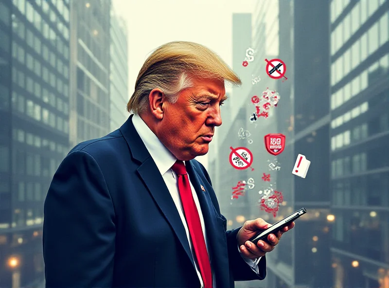 Illustration of Trump using a phone with sanction symbols around it.