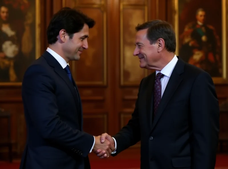 Justin Trudeau shaking hands with King Charles III.