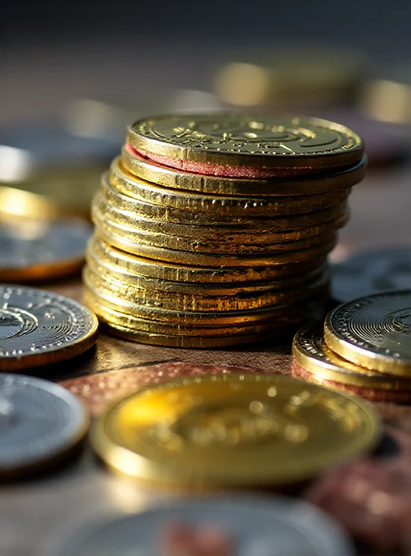 Close up of various crypto currency coins stacked on top of each other.