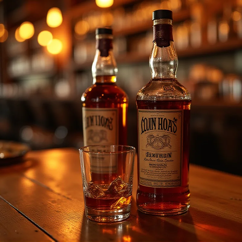 A bottle of bourbon next to a glass and a bottle of California red wine on a wooden table.