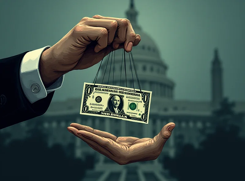 Illustration of a hand manipulating a dollar bill with strings attached, suggesting control and manipulation.