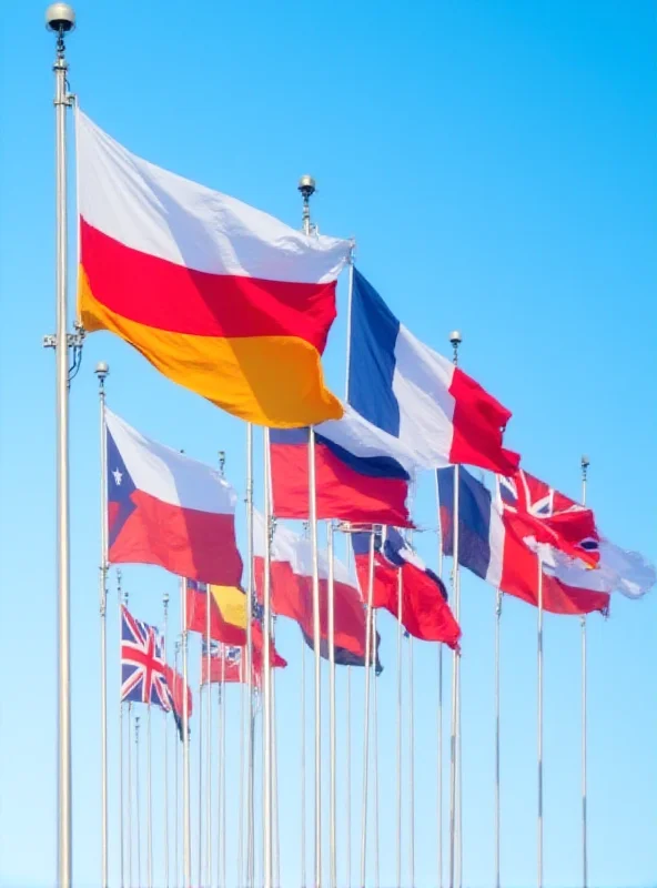 A group of European flags waving in the wind, symbolizing unity and support.