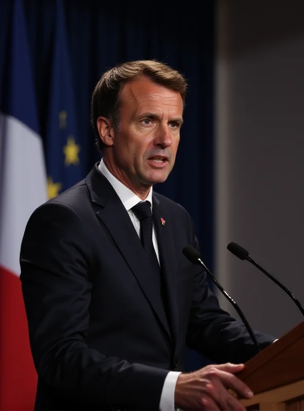 Emmanuel Macron giving a speech at a podium with the French flag behind him.