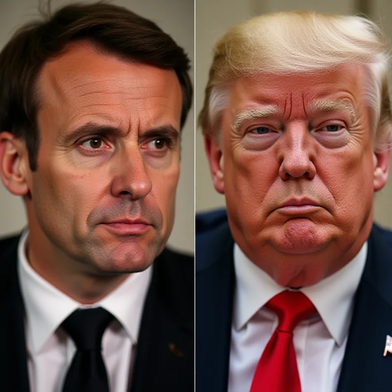 A split image. On the left, a concerned expression on Emmanuel Macron's face. On the right, a confident expression on Donald Trump's face.