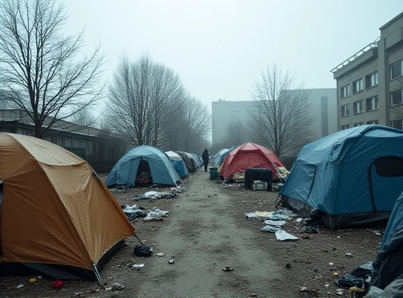 Homeless encampment in a city, with tents and belongings scattered around. Overcast sky.