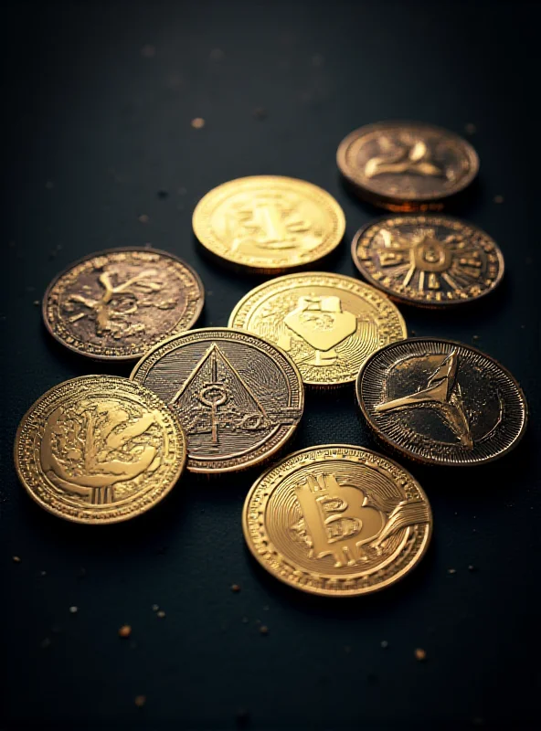 Close-up shot of various cryptocurrency coins, including Bitcoin, Ethereum, and Ripple, arranged on a dark background.