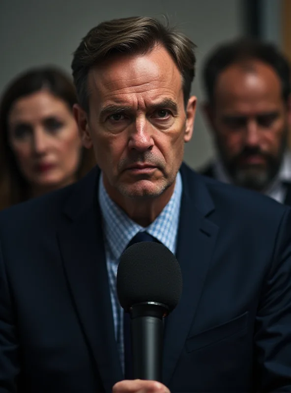 A journalist holding a microphone at a press conference, concerned expression.