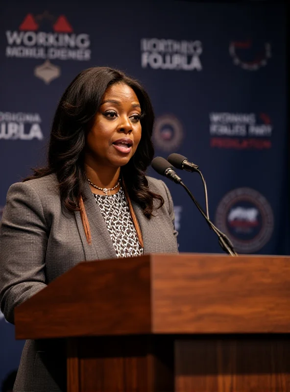 Lateefah Simon speaking at a podium with the Working Families Party logo in the background.