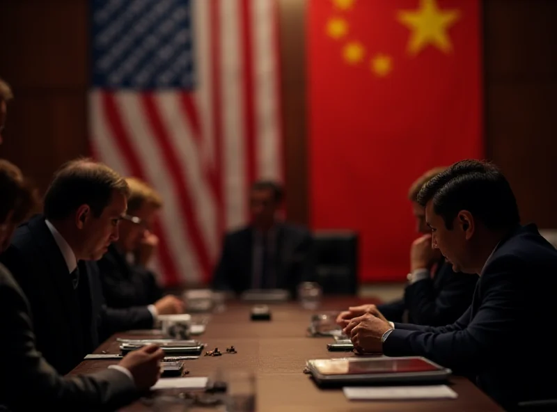 A tense negotiation table with flags of the US and China subtly visible in the background, showcasing the strategic minerals war.