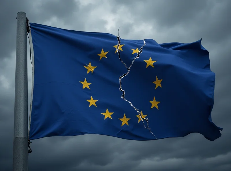 A digital illustration of the European Union flag with cracks appearing in the fabric, against a stormy gray sky.