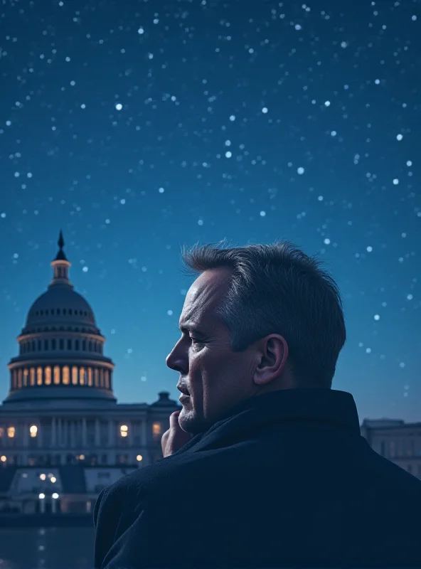 Digital art depicting Elon Musk looking towards a distant, symbolic representation of the US Capitol Building