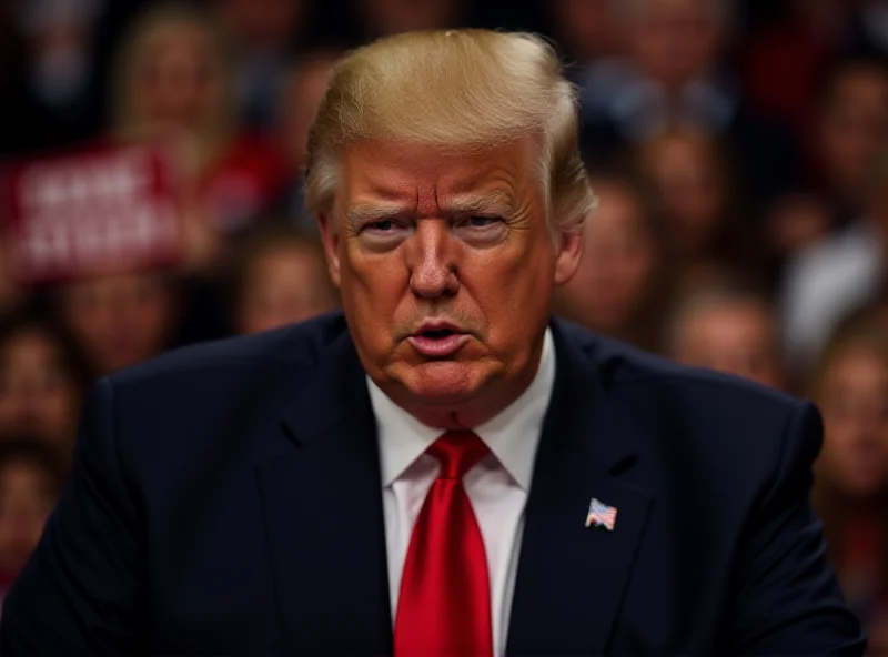 Donald Trump giving a speech at a rally, with a determined expression.