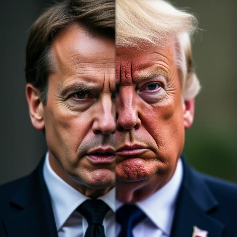 A split image showing Emmanuel Macron and Donald Trump on opposite sides.