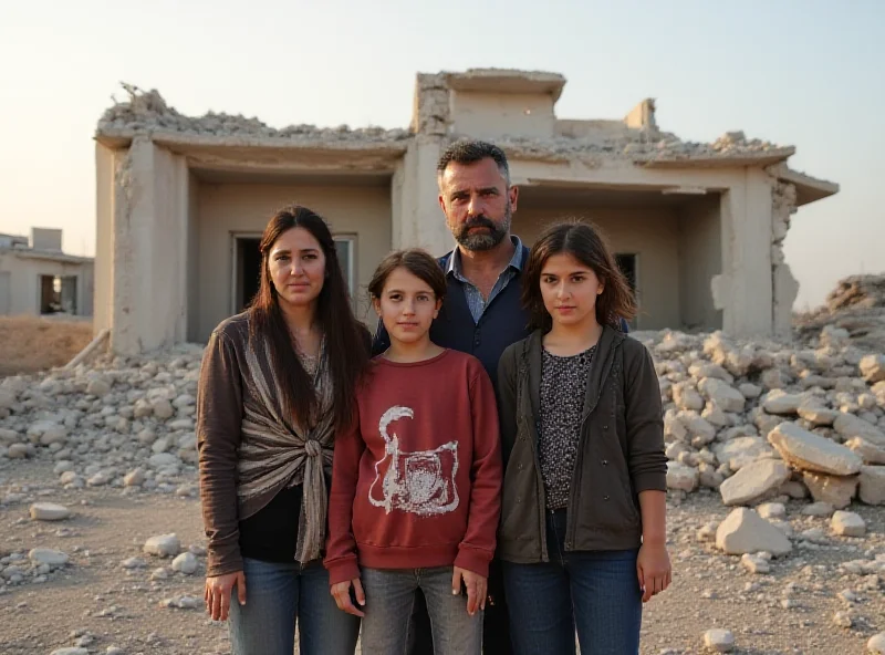 Palestinian family standing in front of their damaged home in Gaza.