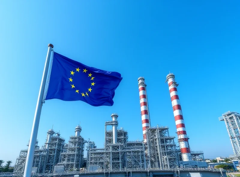 European Union flag waving in front of modern industrial complex.