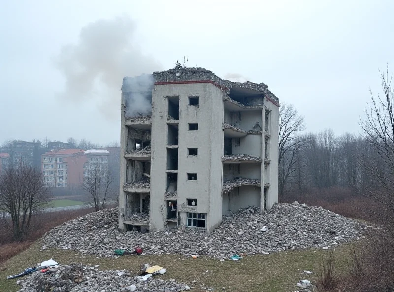 A damaged building in Ukraine with smoke rising in the background.