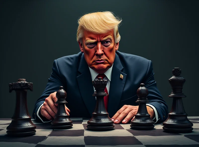 A stylized graphic showing a chessboard with political figures as chess pieces, with Trump's king piece prominently displayed and casting a shadow over the other pieces.