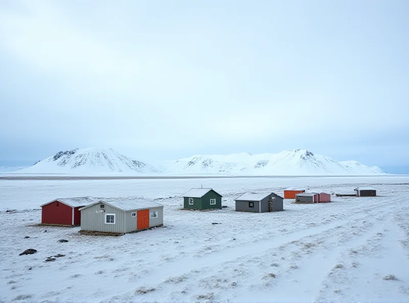 A desolate landscape of Greenland with small colorful houses and snow-capped mountains in the background.