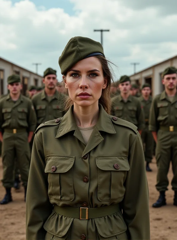 A determined Sergeant Julia Becraft stands at the head of her infantry squad at Fort Cavazos, Texas, with a serious expression on her face.