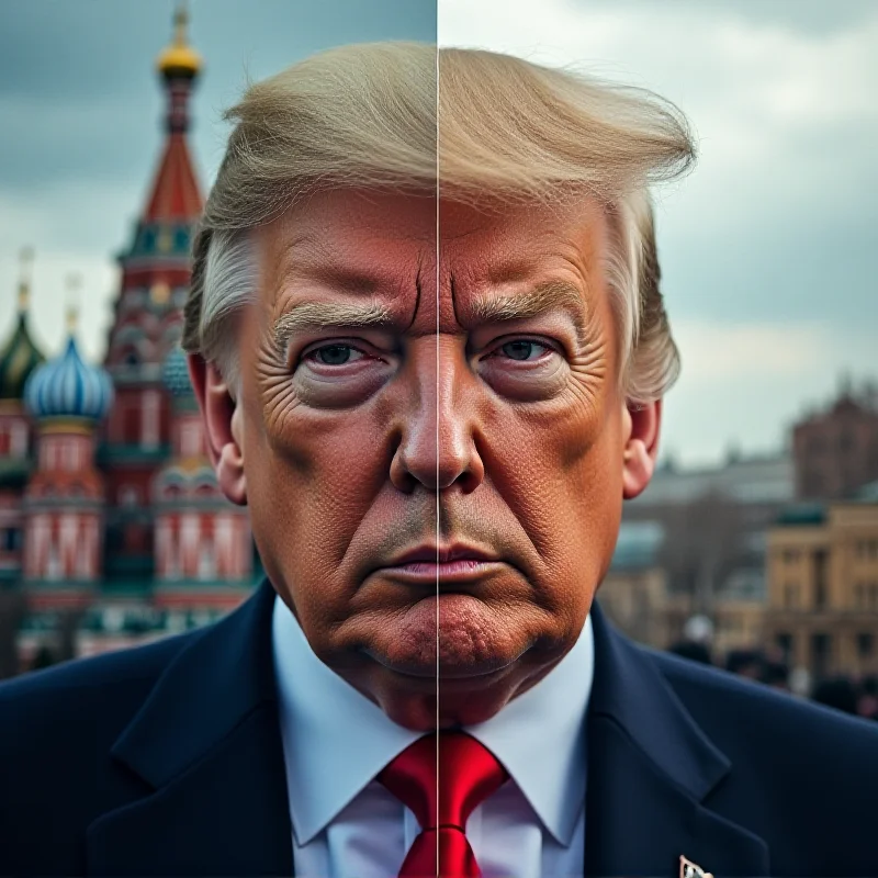 A split image showing Donald Trump on one side and Volodymyr Zelensky on the other, with a faint image of the Kremlin in the background.