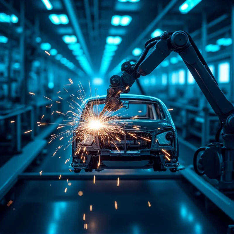 A close-up shot of a car assembly line, with robotic arms welding parts together.