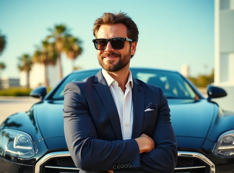 Andrew Tate smirking confidently at the camera, standing in front of a luxury car in Miami. The background features palm trees and a sunny sky.