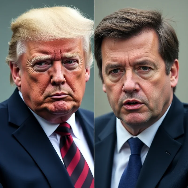 A split image showing Donald Trump on the left and Volodymyr Zelenskyy on the right, both looking determined. The background is blurred and indistinct.