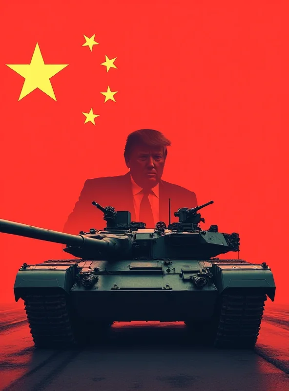 A stylized graphic of a Chinese flag overlaid on a military tank, with a subtle silhouette of Donald Trump in the background.