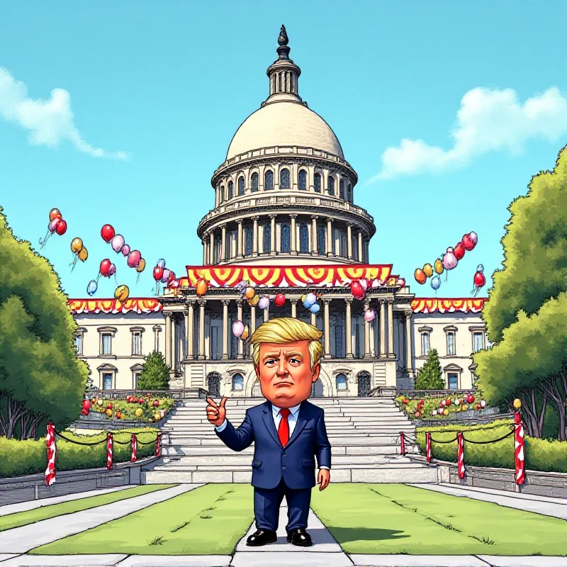 A cartoon depicting the US Capitol building with exaggerated, carnival-like decorations, and a figure resembling Donald Trump standing at the center.