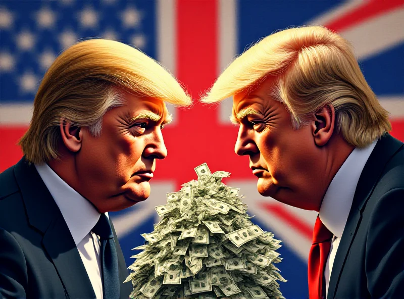 Illustration of Keir Starmer and Donald Trump facing each other, separated by a pile of money representing defense spending. The background shows the flags of the UK and the US intertwined.