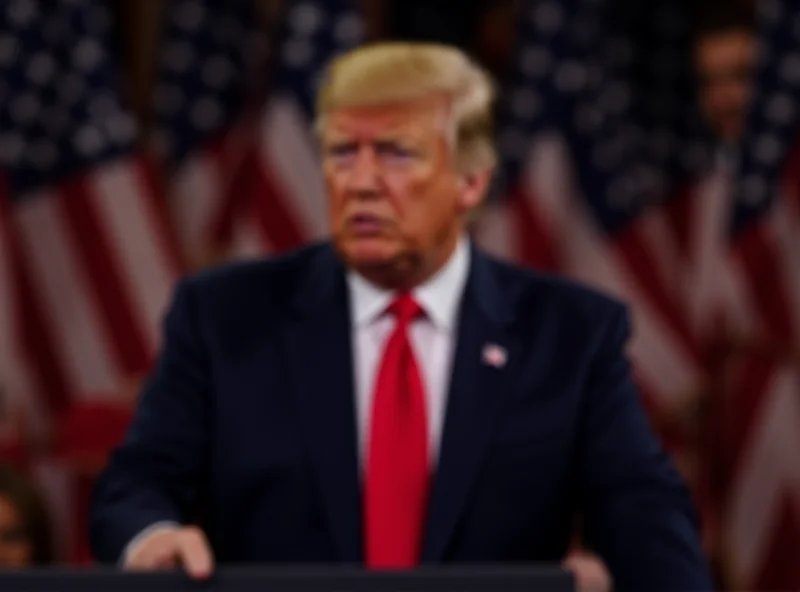 Donald Trump standing at a podium, speaking with a serious expression.