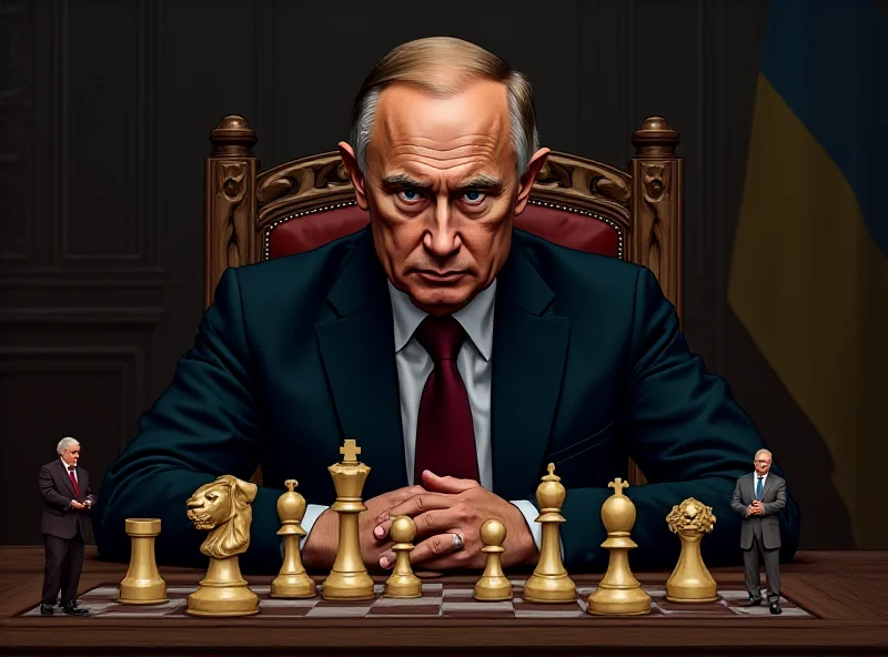 Illustration of Putin looking at a chessboard with Trump and Zelenskyy as pawns, symbolizing the geopolitical game.