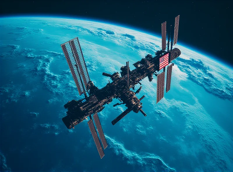 A stylized depiction of the International Space Station with the American flag waving prominently.