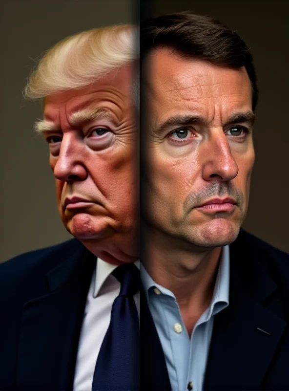 A split image showing Donald Trump on one side and Emmanuel Macron on the other, looking serious.