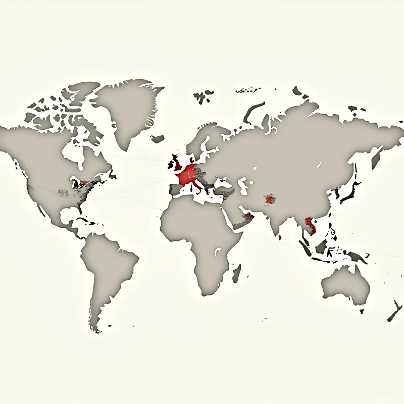 A stylized map of the world, highlighting the United States, Europe, Russia, and China with interconnected lines.