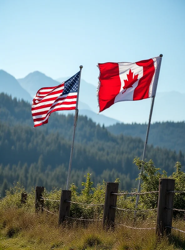 Image of the US-Canada border with flags of both countries waving in the wind.