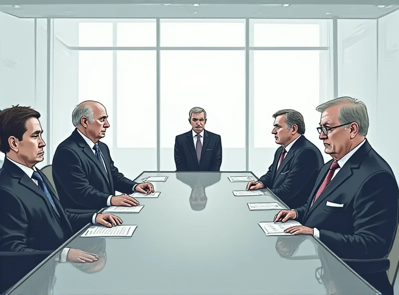 Illustration of a tense meeting between representatives from the Five Eyes countries, with Canada being subtly excluded.